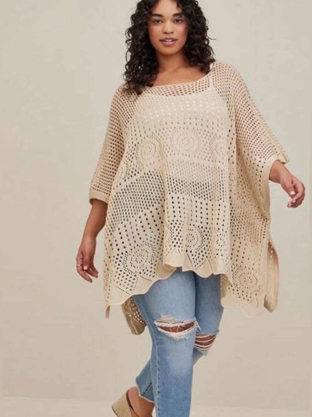 Torrid Beige Crochet Knit Poncho Cover Up One Size Boho Scalloped Hem